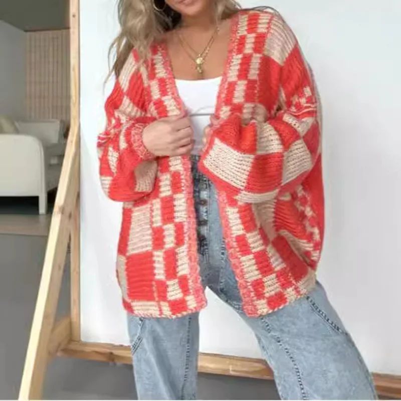 Women's Oversized Drop shoulder Plaid Cardigan Sweater Red - Shop at LoveMi