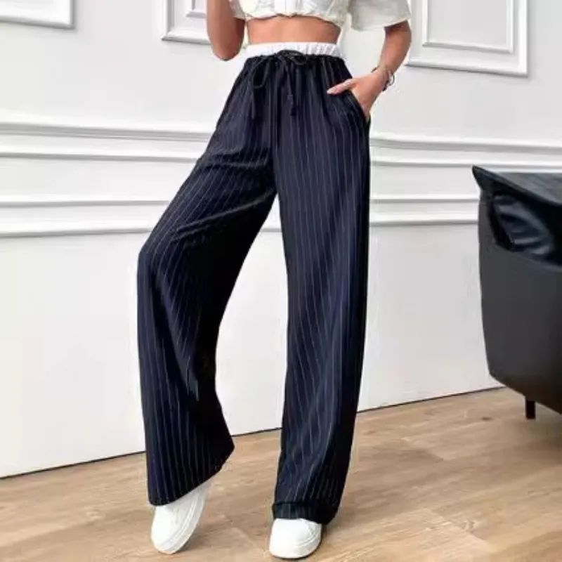 Casual Vertical Stripes Color Matching High Waist Trousers Dark Blue - Shop at LoveMi