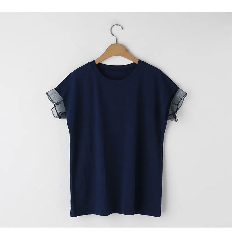 Women's Mesh Ruffle Sleeve Round Neck Solid Color T shirt Dark Blue - Shop at LoveMi