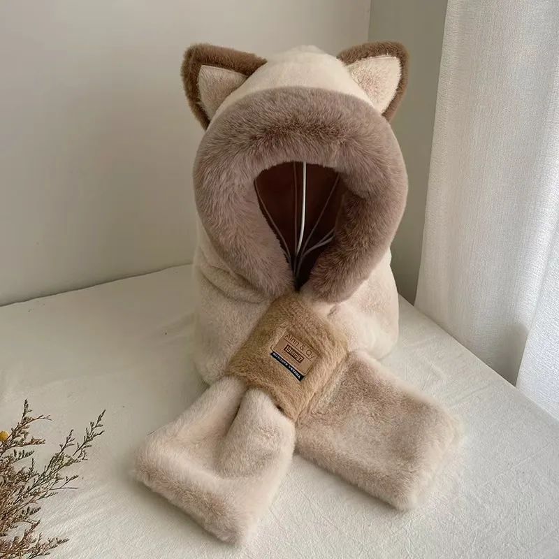 Scarf Fleece lined Thickened Cold Protection Warm Hat Beige - Shop at LoveMi