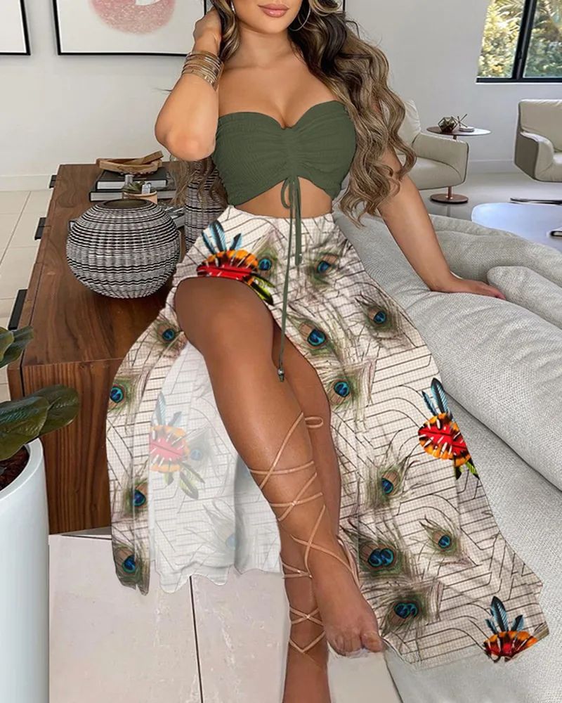 White Solid Color Tube Top Trousers Suit Dress Green - Shop at LoveMi