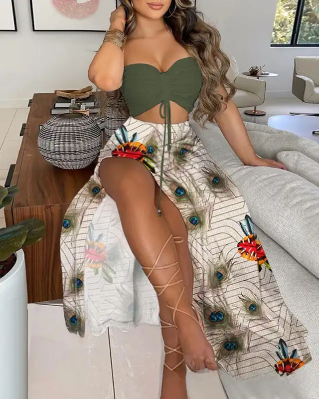 White Solid Color Tube Top Trousers Suit Dress Green - Shop at LoveMi