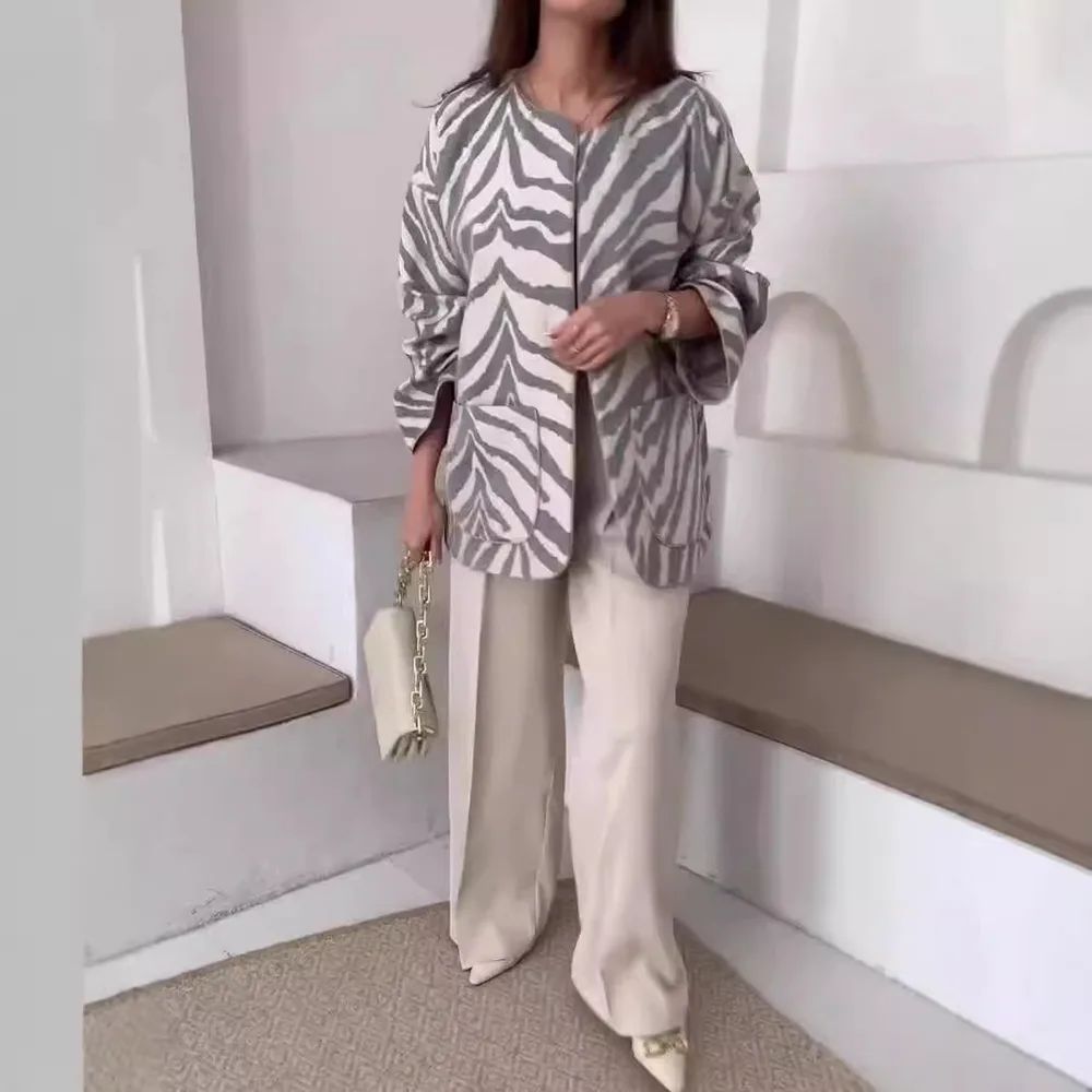 Women's Striped Printed French Lapel Suit Jacket Gray Stripes - Shop at LoveMi