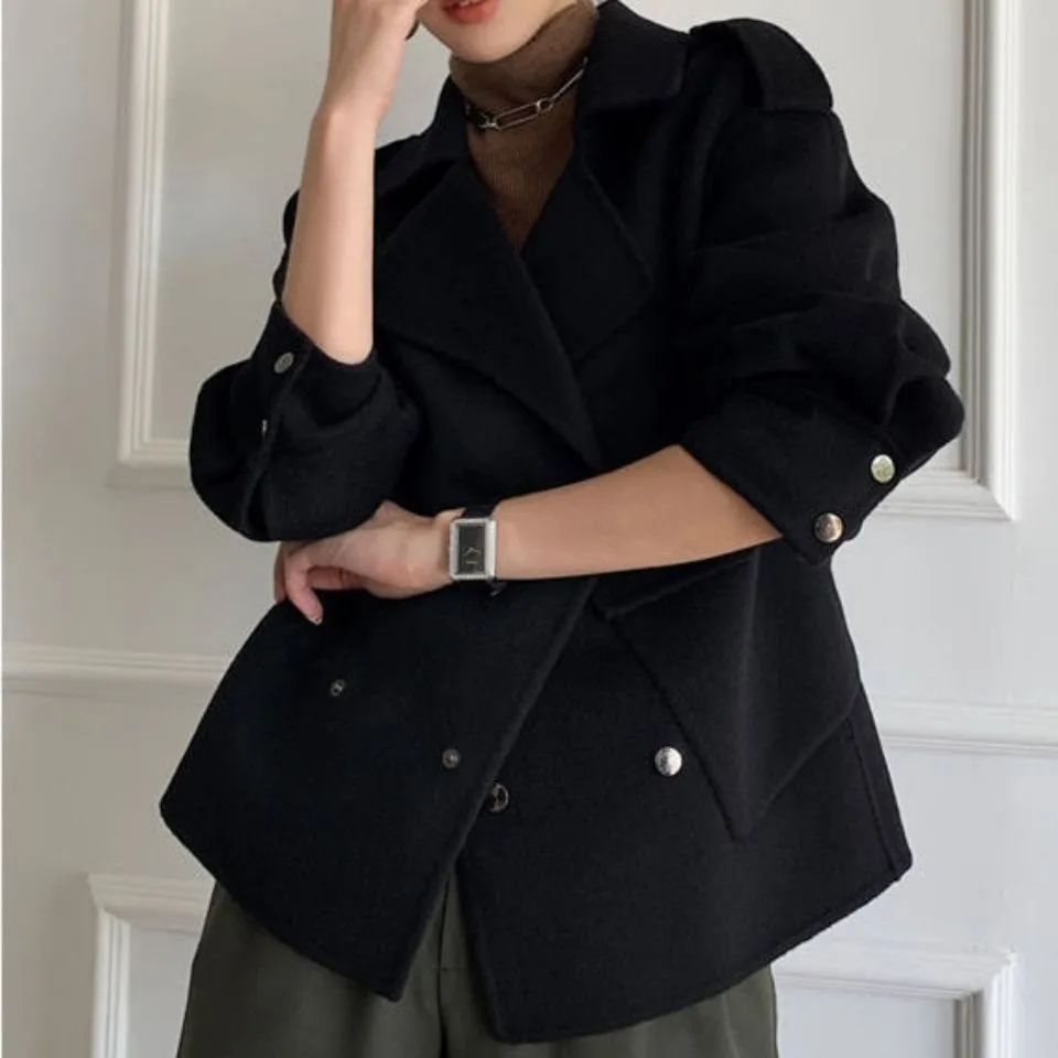 Korean Style Double faced Woolen Goods Cashmere Coat Black - Shop at LoveMi