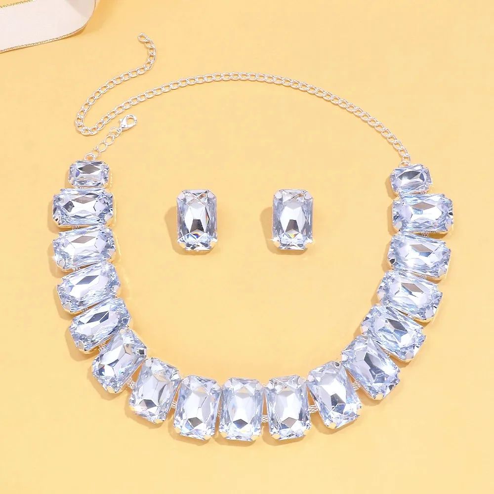 Light Luxury Geometric Crystal Necklace Suit Square Exaggerated Earrings Jewelry Set Decorations Silver - Shop at LoveMi