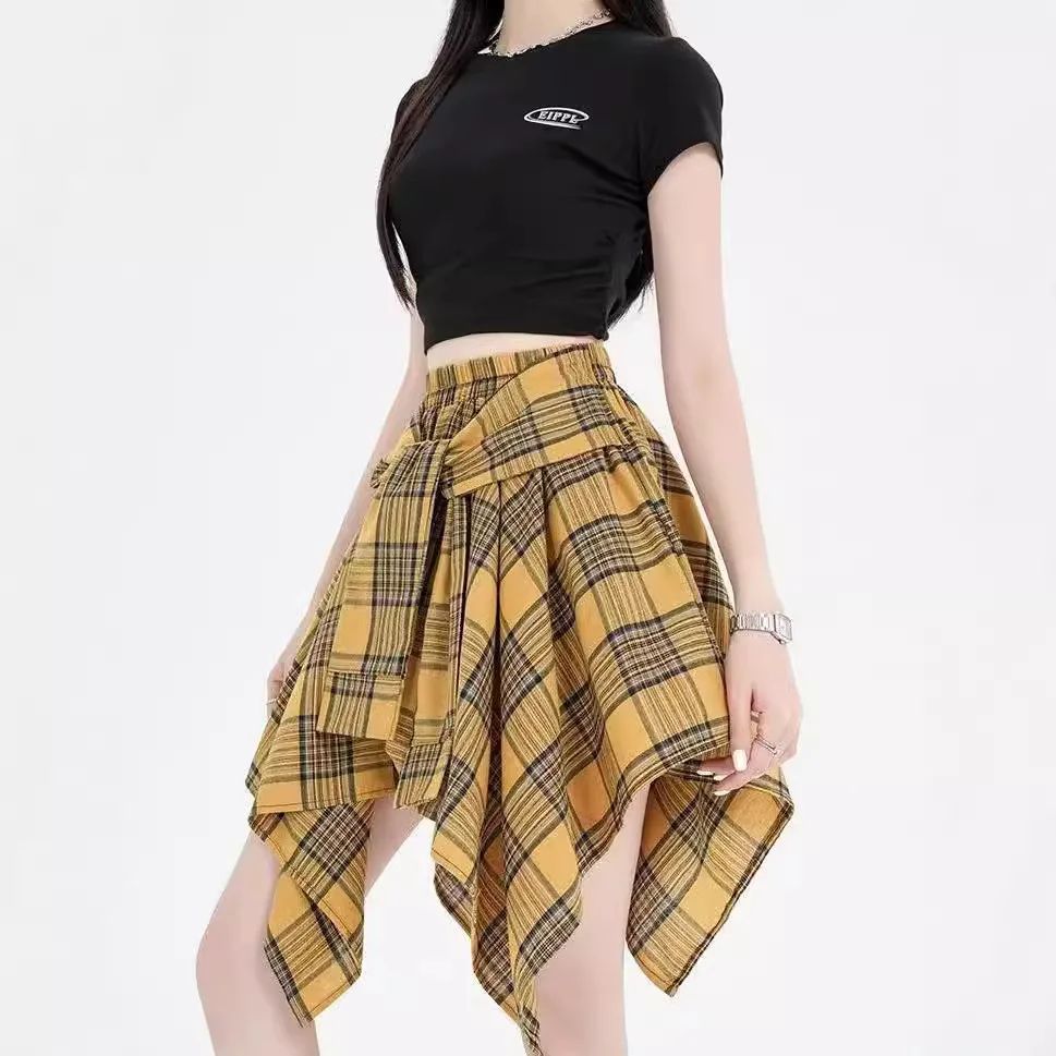 Design Irregular Plaid Women's Neologism Bow Lace Up Casual Sports Skirt Yellow Plaid - Shop at LoveMi