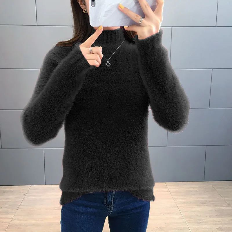 Mink Fur Short Autumn And Winter Half Turtleneck Base Sweater Black - Shop at LoveMi