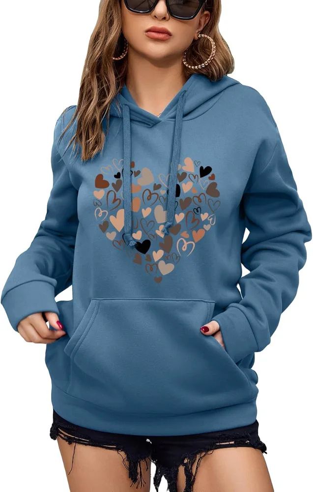 Women's Pattern Hoodie Heart Shape Printed Drawstring Pullover Top Gray Blue Heart Shape - Shop at LoveMi