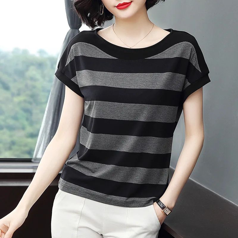 Striped Loose Short sleeved T shirt For Women Black And Gray - Shop at LoveMi