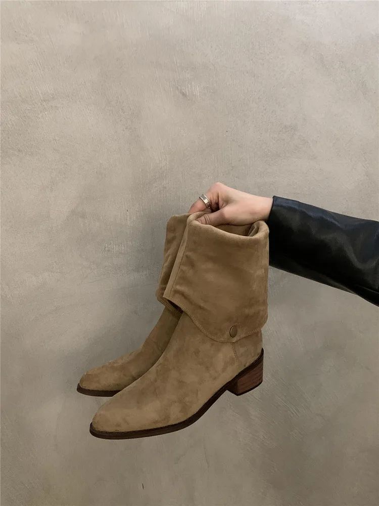 Women's Western Denim Long Biker Boots Khaki - Shop at LoveMi