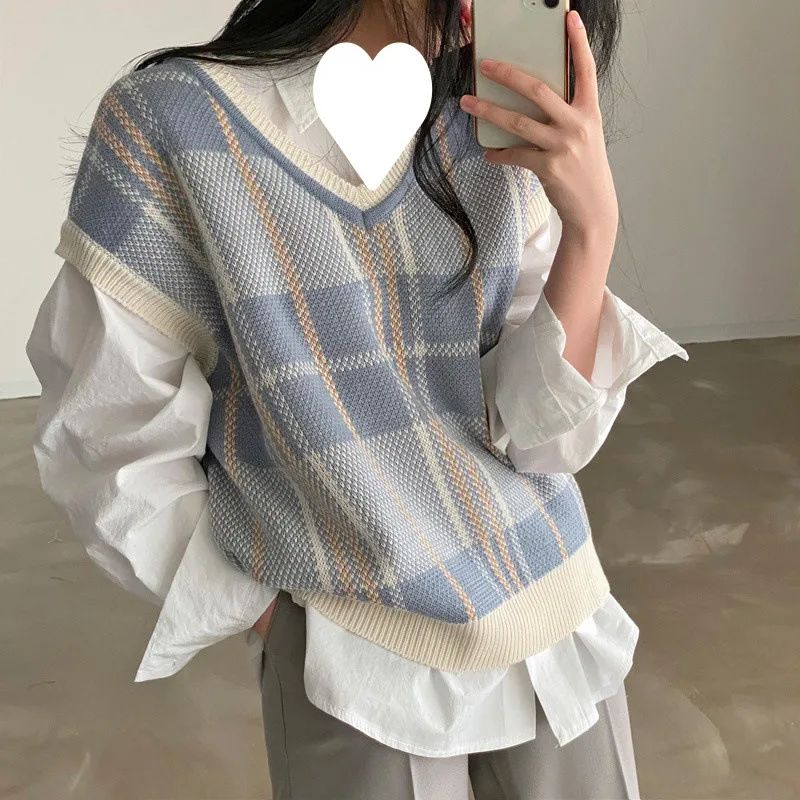 Autumn And Winter Plus Size Plaid Knitted Vest Sweater Blue - Shop at LoveMi