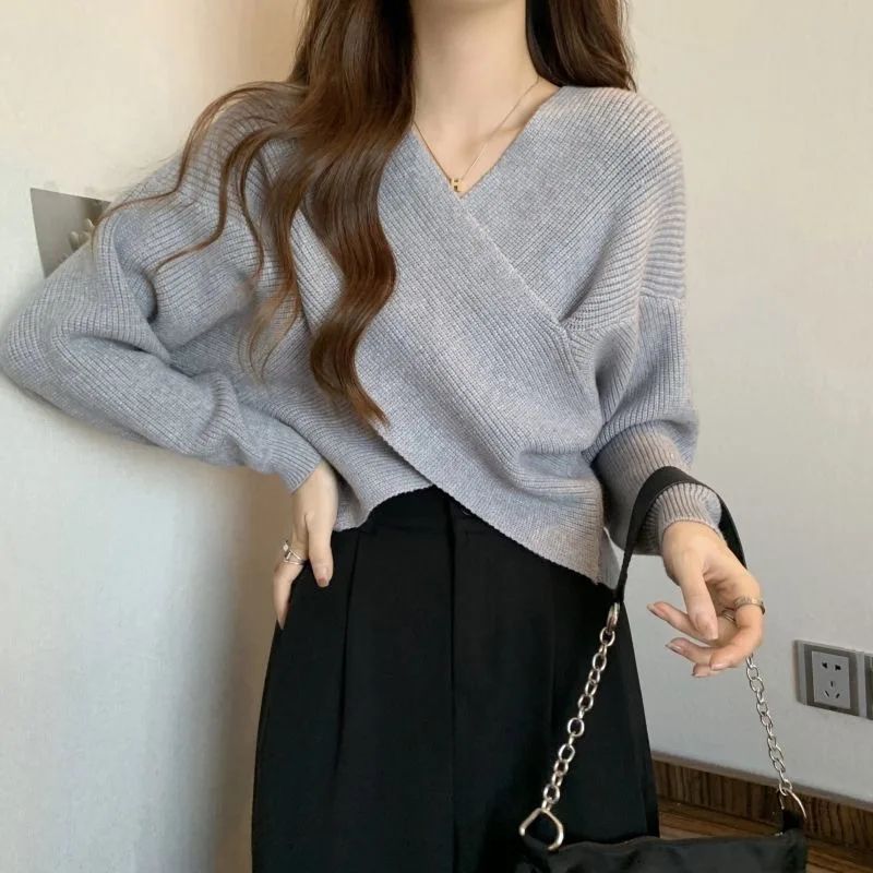 Early Autumn Cross Design Sense V neck Red Gentle Style Sweater Gray - Shop at LoveMi