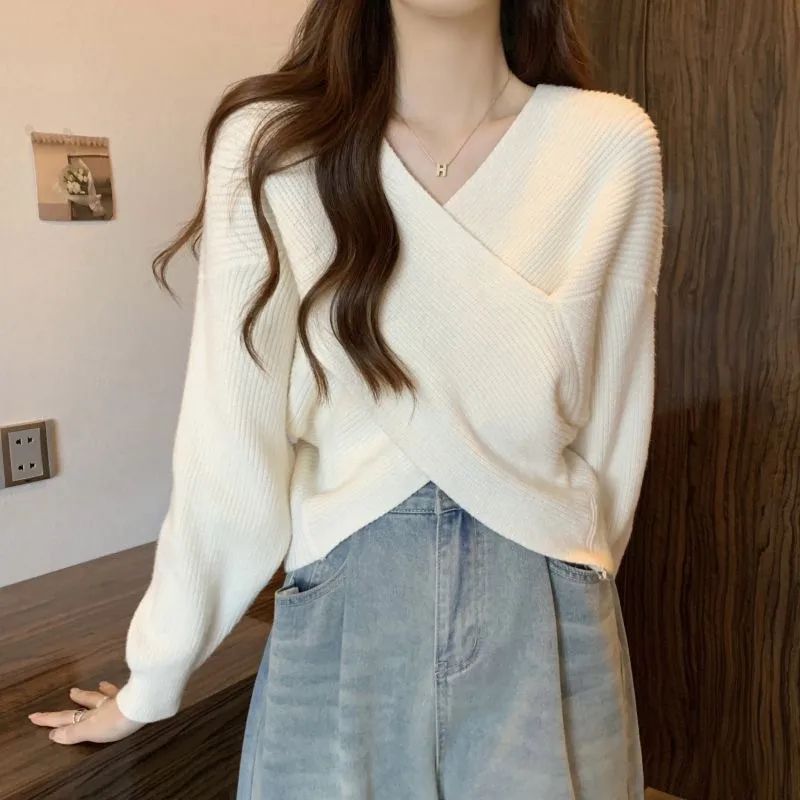 Early Autumn Cross Design Sense V neck Red Gentle Style Sweater White - Shop at LoveMi