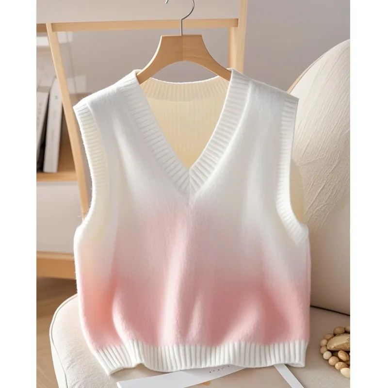 Women's Gradient V neck Knitted Vest Sweater Gradient Pink - Shop at LoveMi
