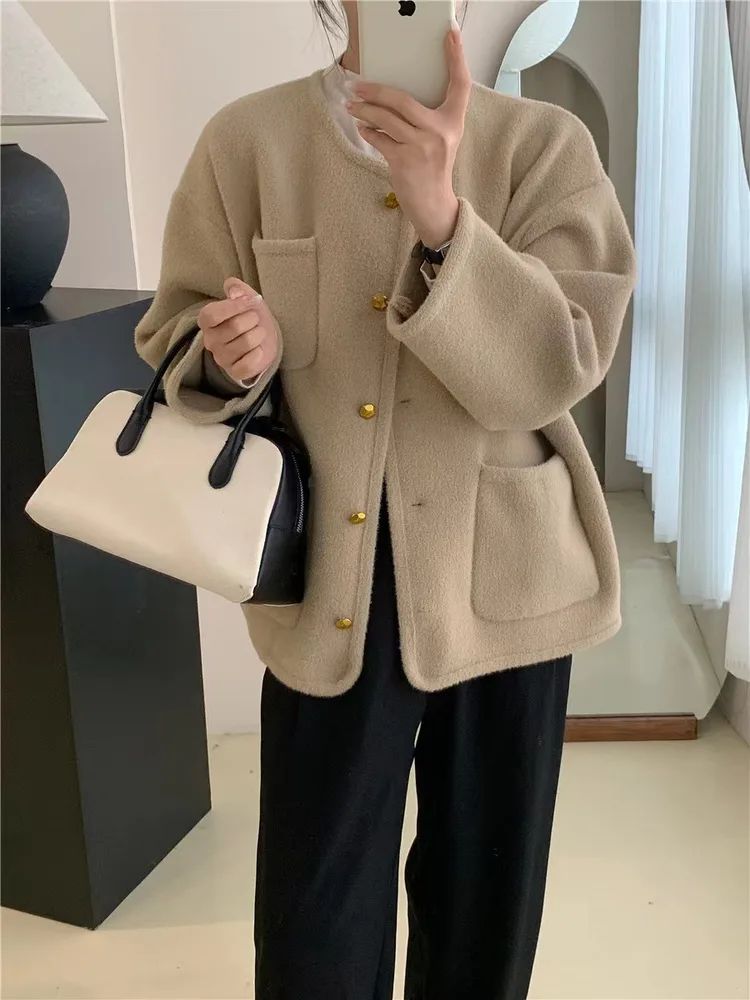 Women's Loose And Idle Round Neck Solid Color Top Coat Camel - Shop at LoveMi