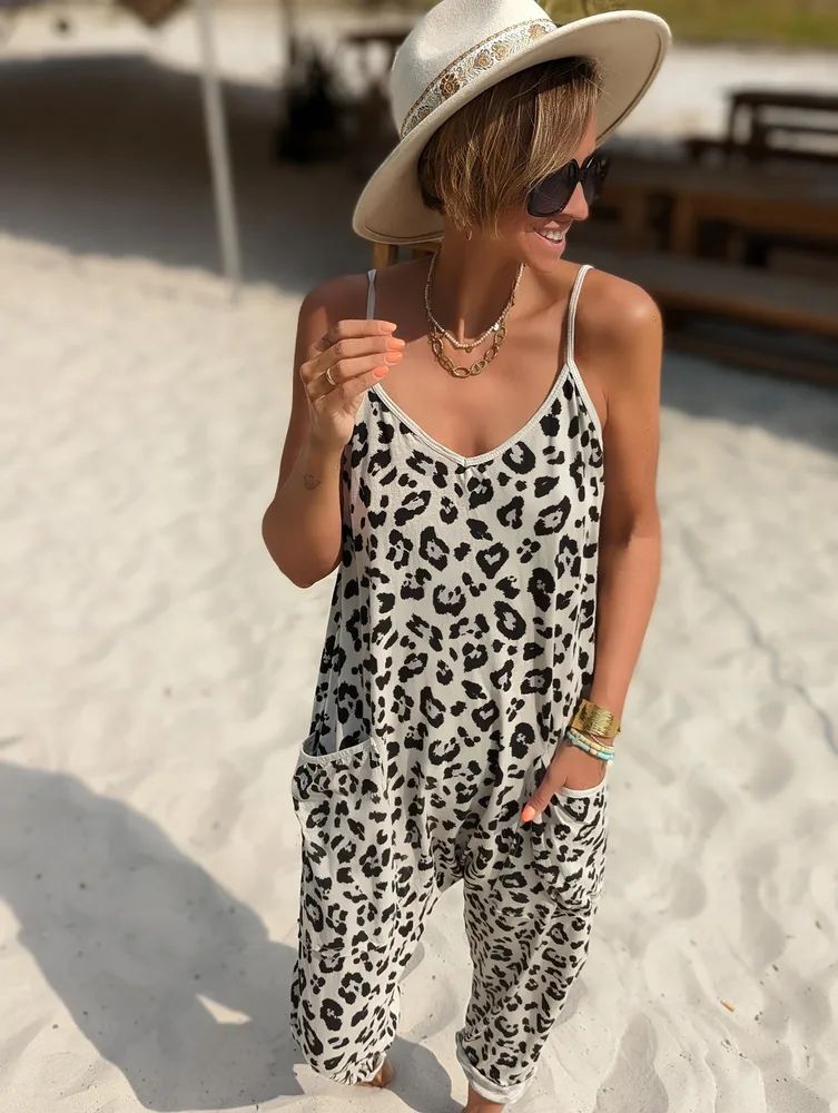 Summer European And American Leopard Print Loose Casual Sling Jumpsuit Leopard Print - Shop at LoveMi
