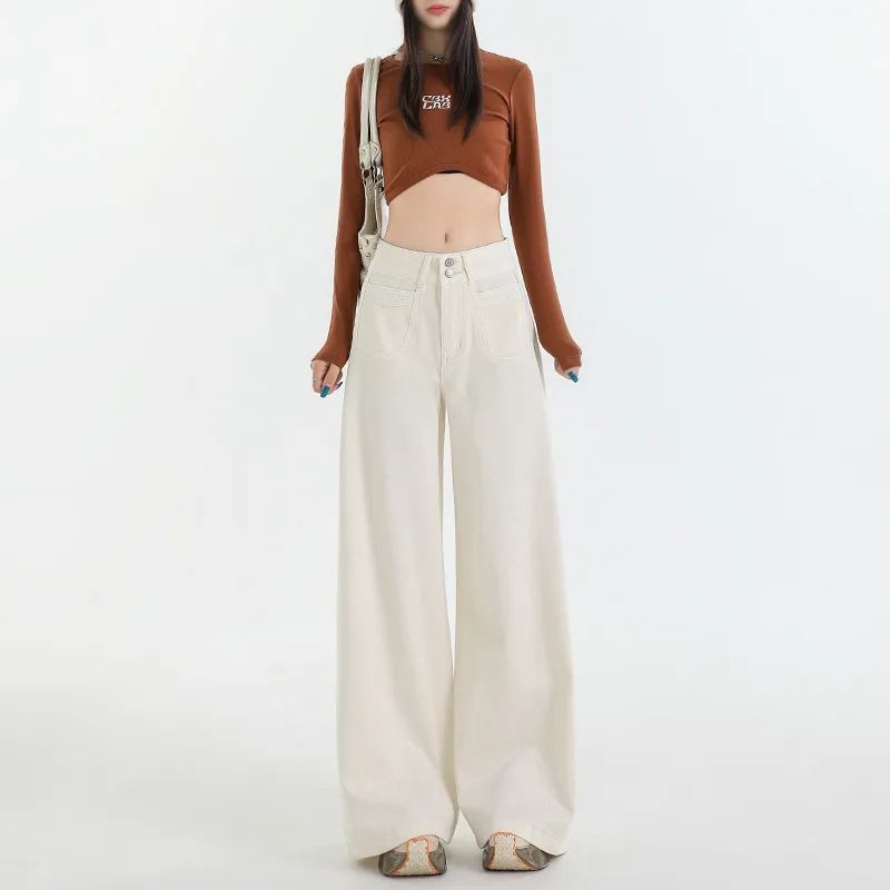 Women's Retro High Waist Wide Leg Jeans Beige Extended Version - Shop at LoveMi