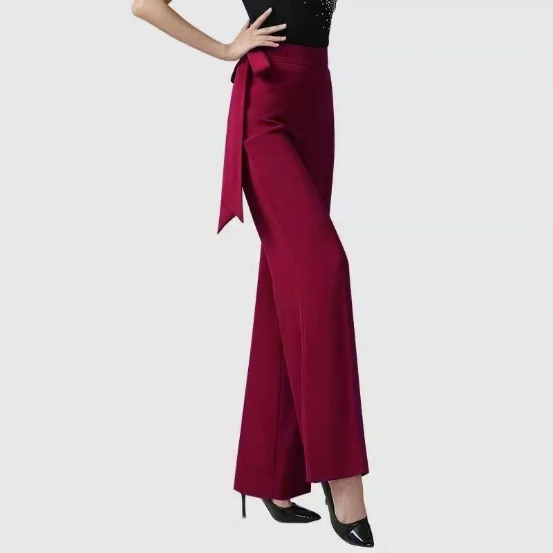 Ribbon Female Draping Effect Solid Color Straight leg Pants Red - Shop at LoveMi