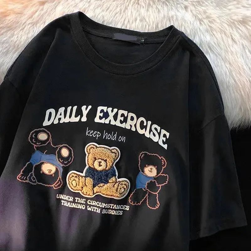 Pure Cotton Bag Collar Flocked Printed Towel Embroidery Milk Series Cute Bear Design Short Sleeve Black - Shop at LoveMi